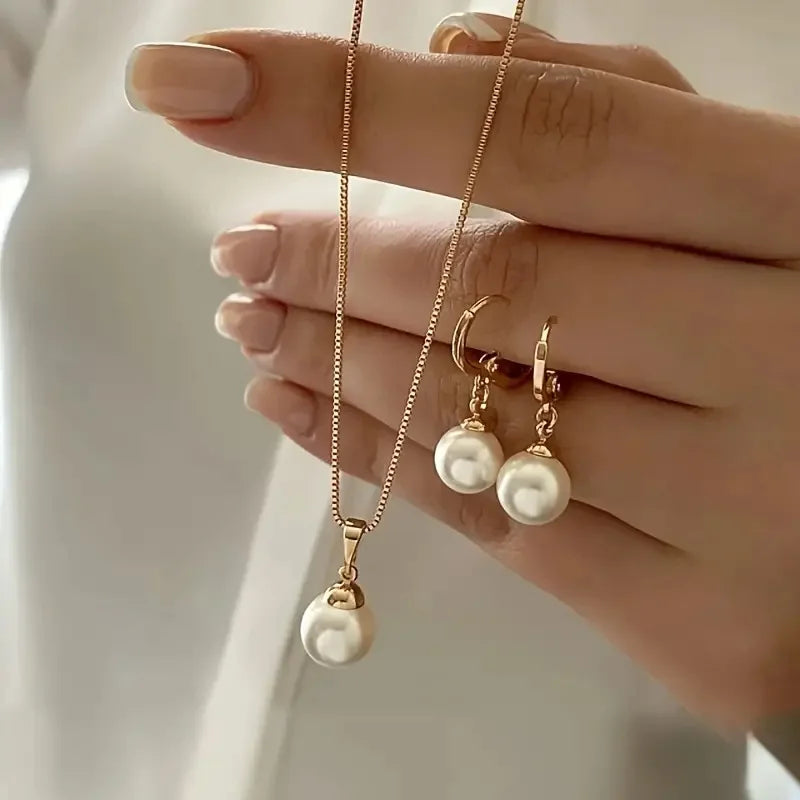 Fashion Pearl Jewelry Set For Women Dangle Earrings Pendant Necklace Simple Dainty Daily Wear Outfit  Party Accessories