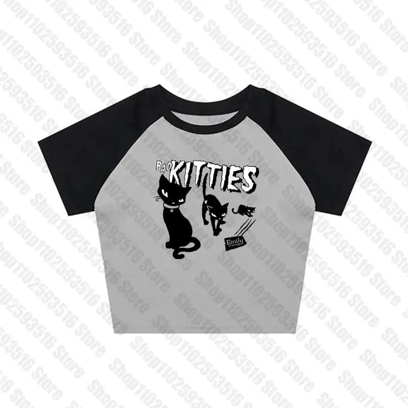 Y2K Grunge Cyber Goth Tee Vintage letter cat graphics Short Sleeve Crop Tops baby tees Kawaii Skater T-shirt Women Streetwear
