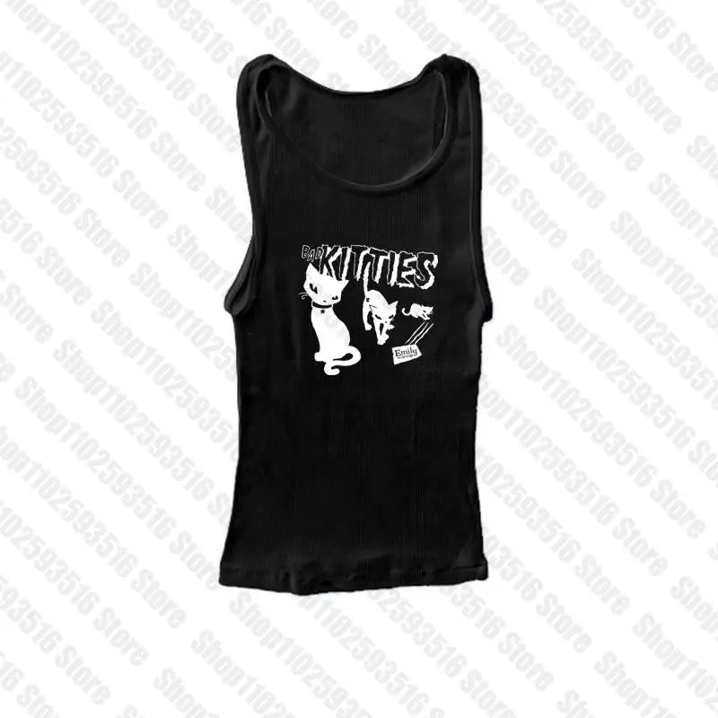 Y2K Grunge Cyber Goth Tee Vintage letter cat graphics Short Sleeve Crop Tops baby tees Kawaii Skater T-shirt Women Streetwear