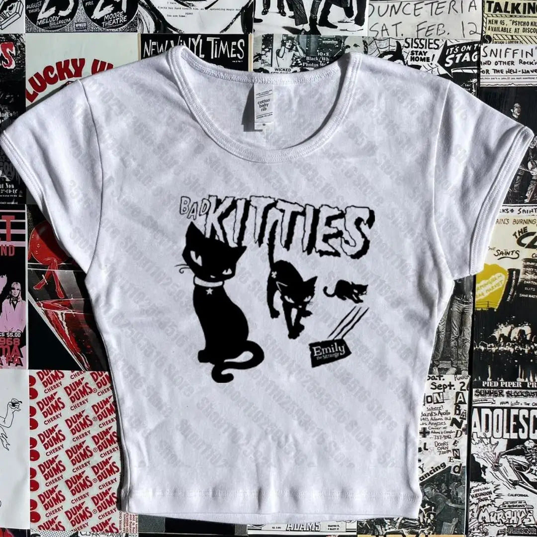 Y2K Grunge Cyber Goth Tee Vintage letter cat graphics Short Sleeve Crop Tops baby tees Kawaii Skater T-shirt Women Streetwear