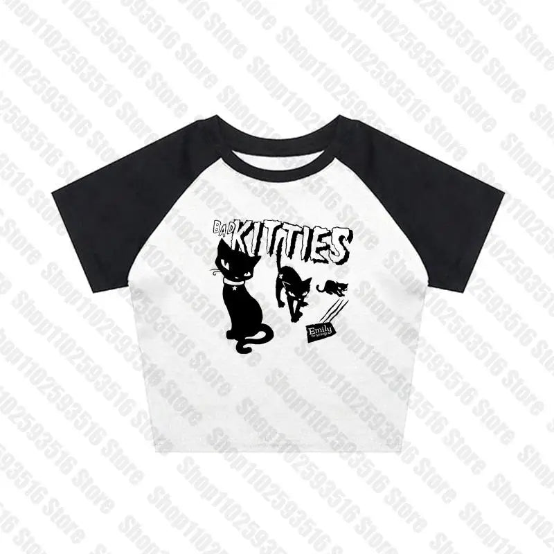 Y2K Grunge Cyber Goth Tee Vintage letter cat graphics Short Sleeve Crop Tops baby tees Kawaii Skater T-shirt Women Streetwear