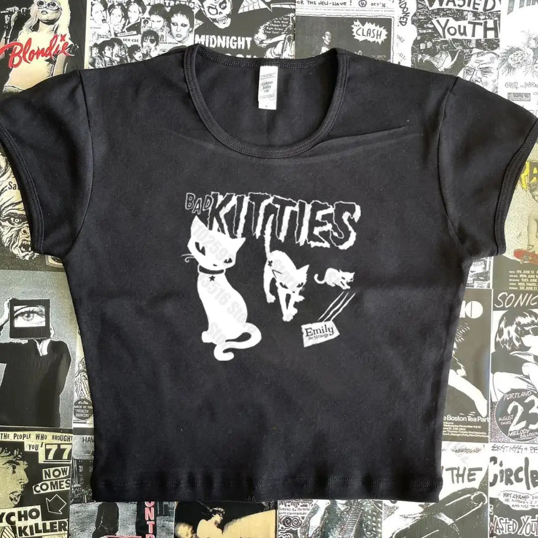 Y2K Grunge Cyber Goth Tee Vintage letter cat graphics Short Sleeve Crop Tops baby tees Kawaii Skater T-shirt Women Streetwear
