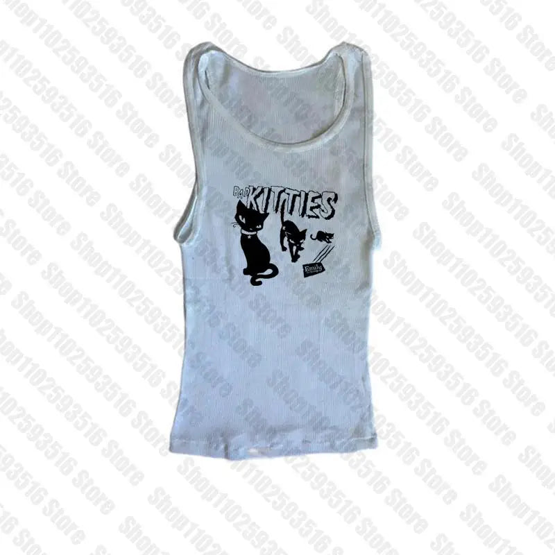 Y2K Grunge Cyber Goth Tee Vintage letter cat graphics Short Sleeve Crop Tops baby tees Kawaii Skater T-shirt Women Streetwear