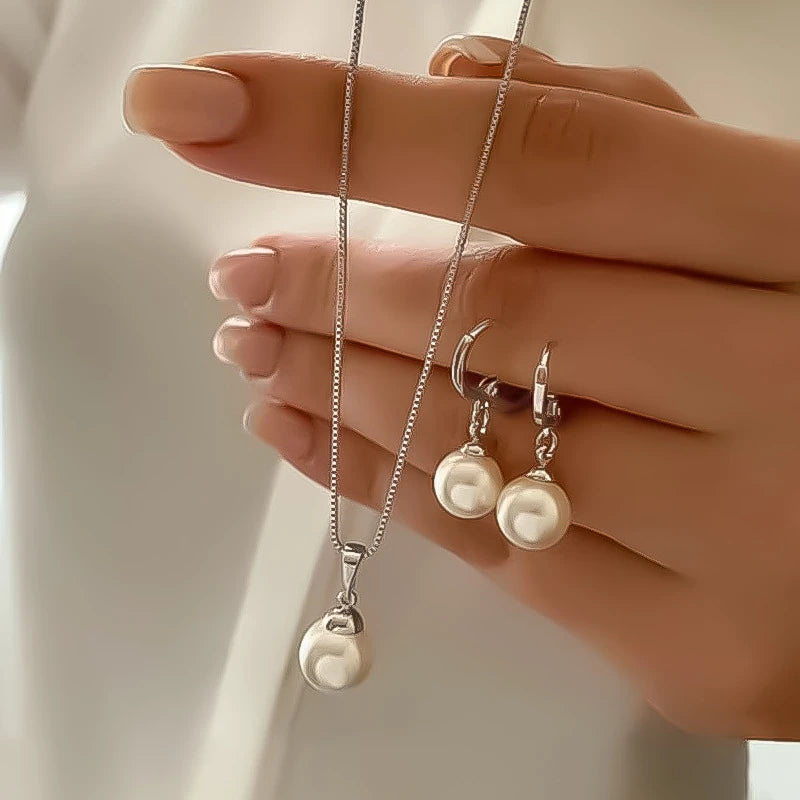 Stylish Pearl Jewelry Set for Women, Featuring Drop Earrings and Matching Necklace, Simple Elegant Everyday Wear and Party Acces